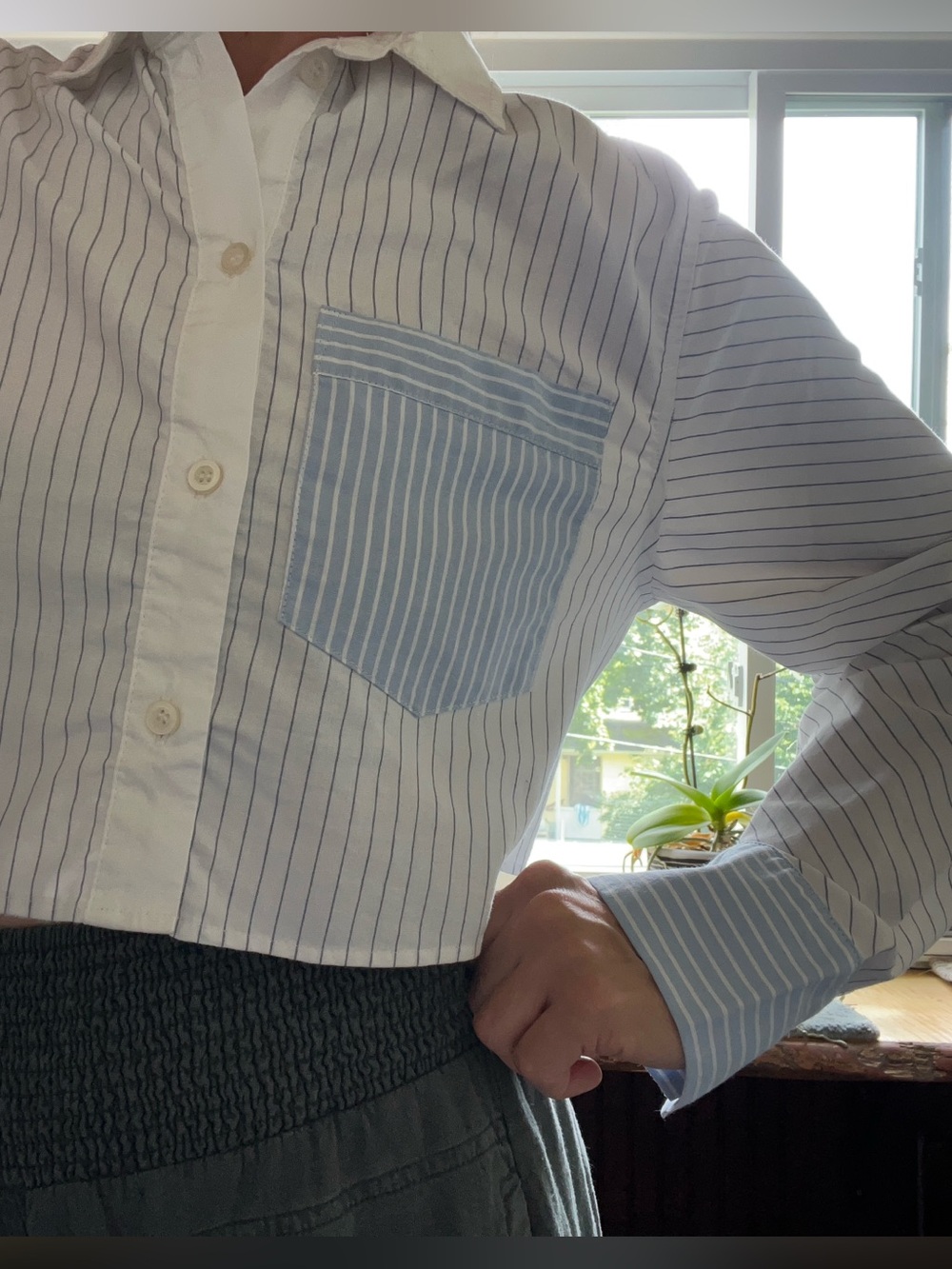 Pinstripe Cropped Button-Down Shirt with Light Blue Pocket & Cuffs